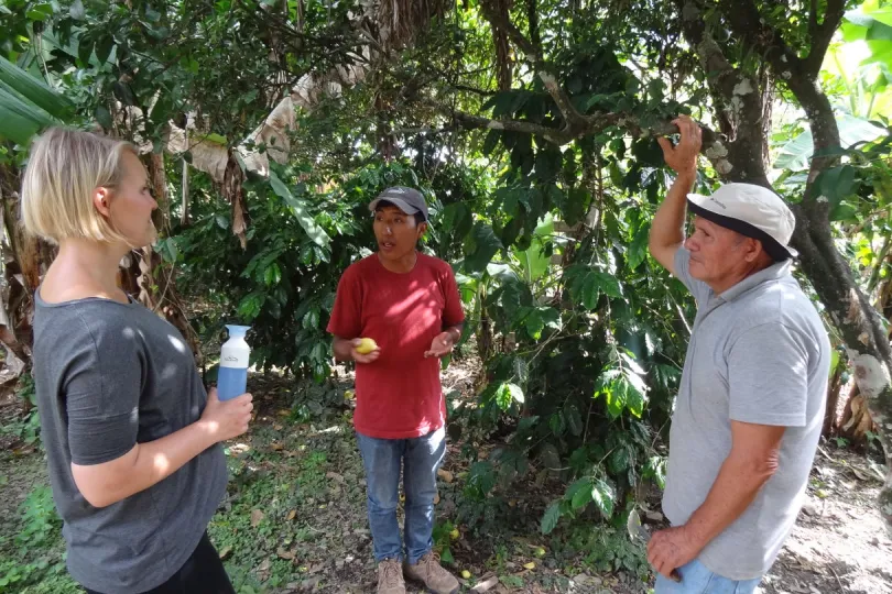 Jasmijn und zwei Kaffeebauern in Peru stehen auf der Farm