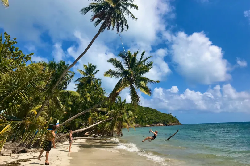 Palmen, Strand und weites Meer an den Stränden von Kolumbien