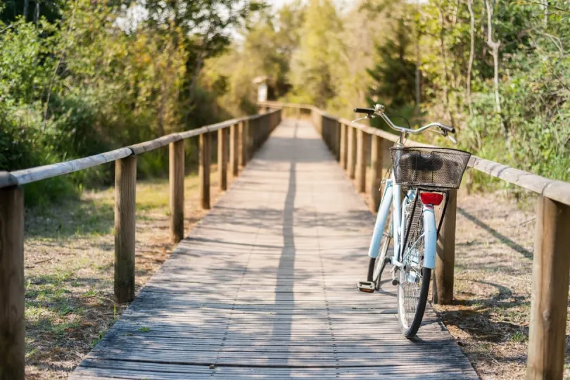 Ein Fahrrad steht auf einer Holzbrücke