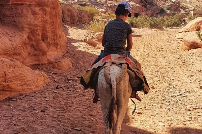 Anas reitet auf einem Esel während der Familienreise Jordanien