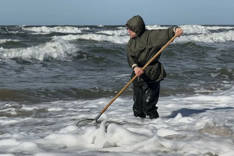 Ein Mann fängt Bernsteine mit einem Netz am Meer im Baltikum.