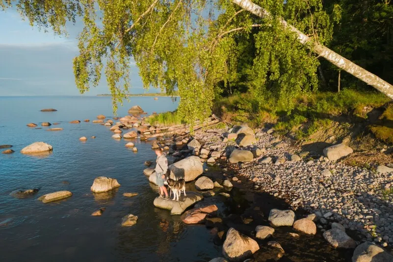 Ein Mann und sein Hund am See.
