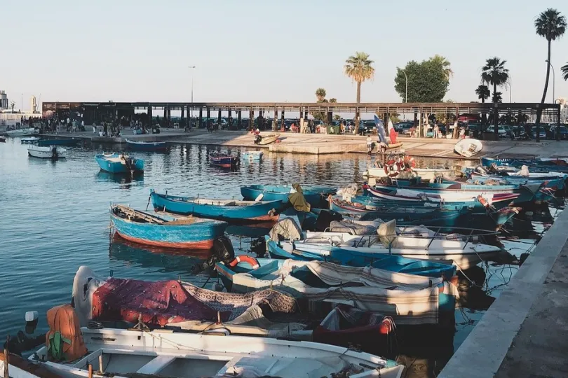 Ein Hafen mit Booten und Palmen in Bari.