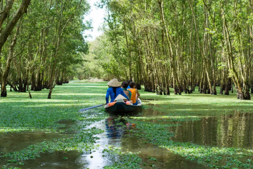 Ein Boat auf dem Fluss in der Mekong Delta, Vietnam.