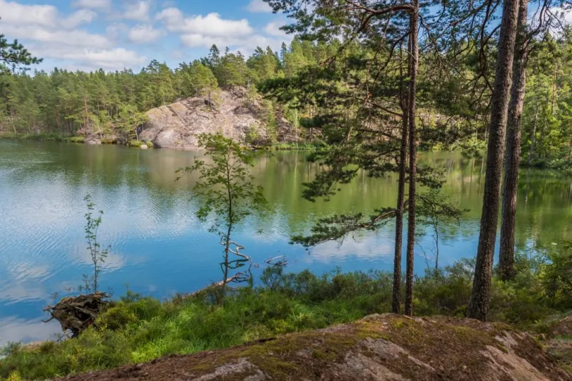 Tived Nationalpark umgeben mit wasser und bäume.
