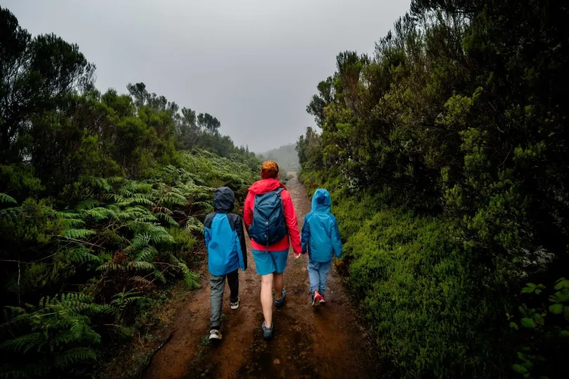 Eine Familie wandern auf einem Erdweg, umgeben von dichter Vegetation.