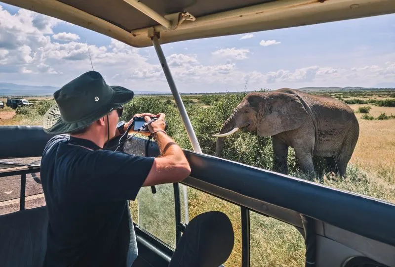 Safari-Tourist fotografiert einen Elefanten.