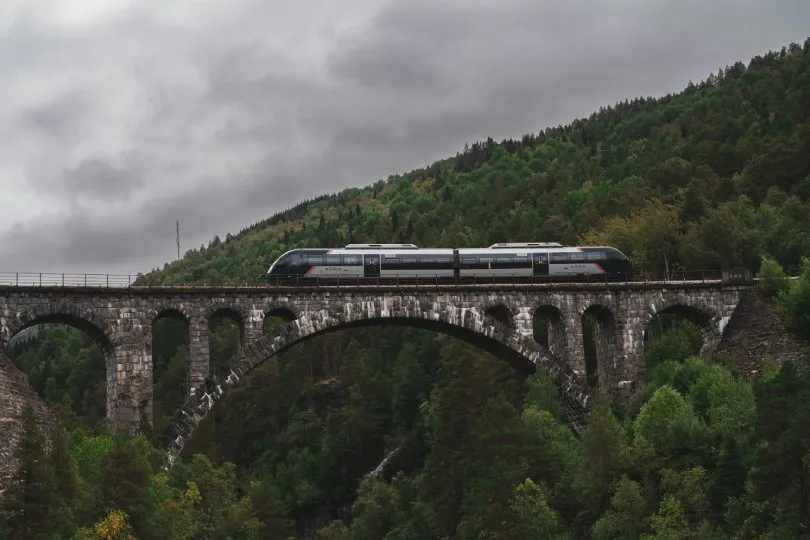 Moderner Zug fährt über eine steinerne Bogenbrücke in bewaldeter Berglandschaft unter bewölktem Himmel.