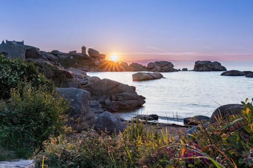 Alt-Text (Deutsch):  Sonnenuntergang an einer felsigen Küste mit großen, rund geschliffenen Granitfelsen im Wasser und am Ufer. Die Sonne steht tief am Horizont und wirft warme Strahlen über das ruhige Meer. Im Vordergrund wachsen Gräser und blühende Pflanzen, während der Himmel in sanften Rosa- und Blautönen leuchtet.