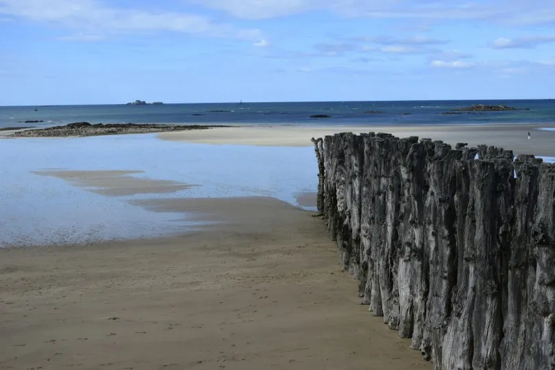 Breiter Sandstrand bei Ebbe mit ruhigem Meer im Hintergrund; rechts im Vordergrund eine Reihe verwitterter Holzpfähle (Wellenbrecher), dahinter flaches Wasser und kleine Felseninseln am Horizont unter leicht bewölktem Himmel.