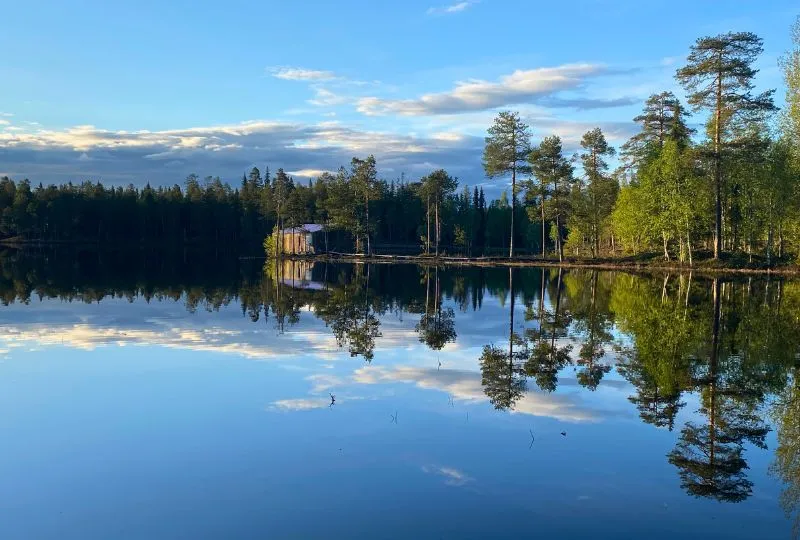 Klarer blauer See in Finnland mit Nadelbäumen, die sich darin spiegeln.