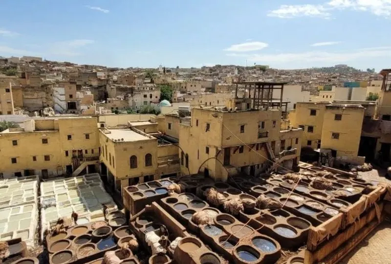 Die bekannten Gerbereien in Fes, Marokko, von oben betrachtet. 