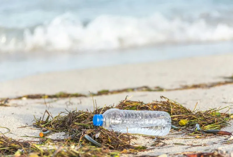 Plastikflasche mit Wasser liegt am Strand direkt neben dem Meer.