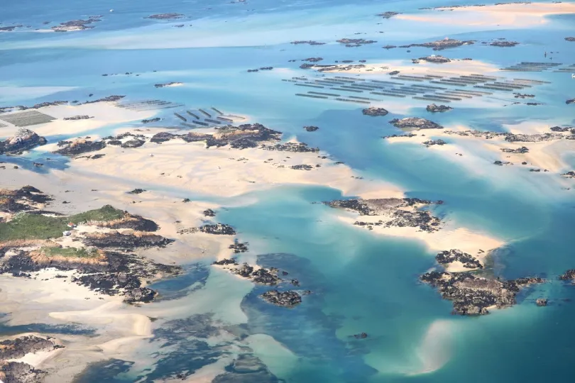 Luftaufnahme einer Küstenlandschaft mit türkisblauem Wasser, hellen Sandbänken und dunklen Felseninseln. Im flachen Meer sind rechteckige Strukturen zu sehen, vermutlich Aquakulturen oder Austernbänke. Die Szene wirkt ruhig und natürlich mit sanften Farbverläufen im Wasser.