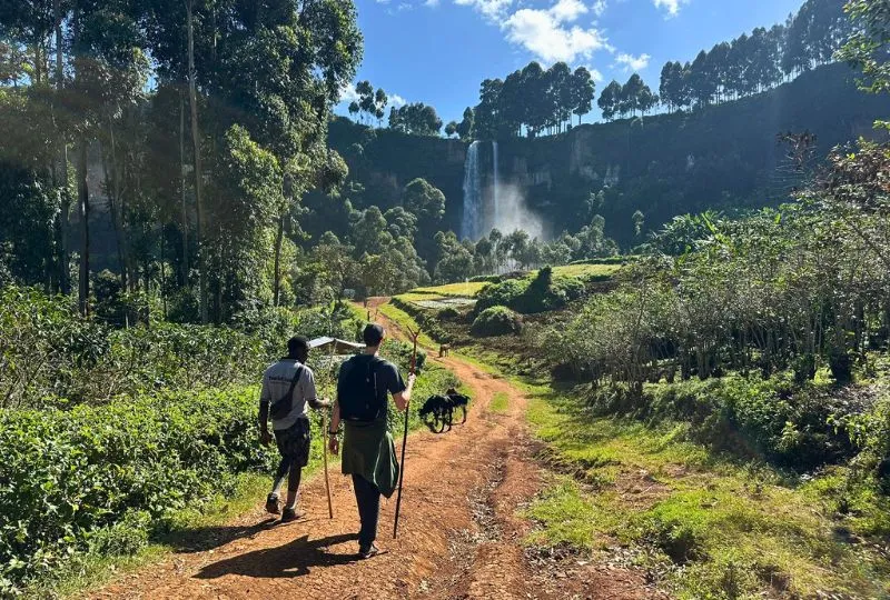 Zwei Reisende wandern durch grüne Landschaft Ugandas.