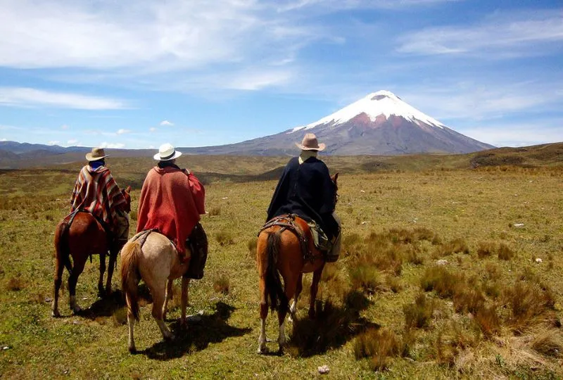 Drei Reiter in traditioneller Kleidung vor einem Vulkan in Ecuador. 