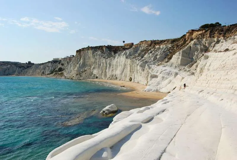 Küste in Sizilien mit weißlichen Felsen und Sandstrand am türkisen Wasser.