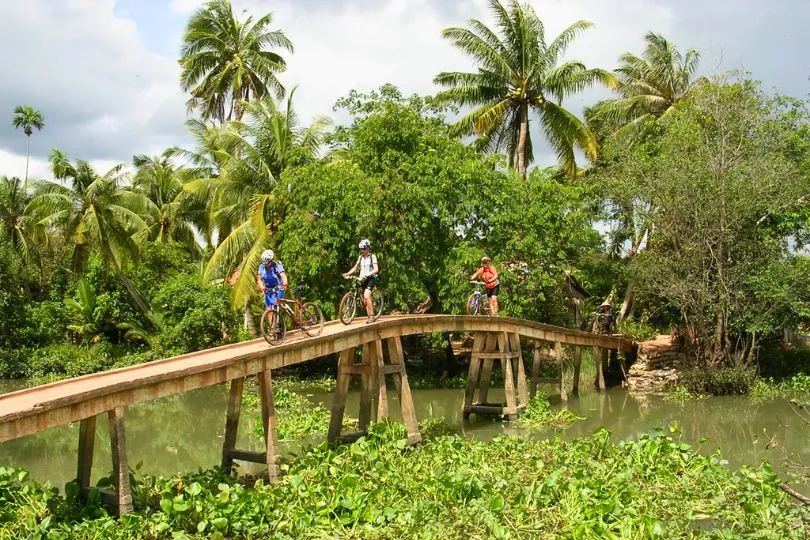 Touristen auf Fahrrädern überqueren eine Holzbrücke über dem Mekongdelta, inmitten üppiger Vegetation.