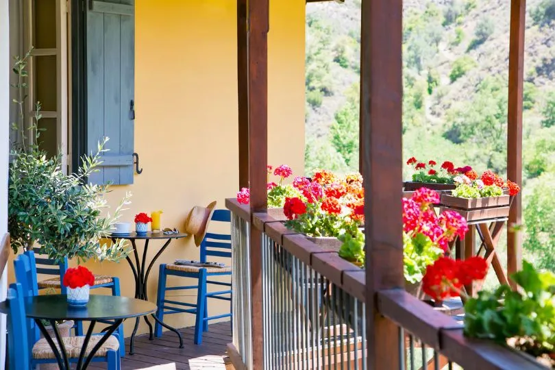 Gemütliche Terrasse mit blauen Gartenmöbeln, roten Blumen und grüner Vegetation im Hintergrund.