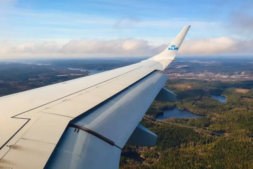 Flügel eines Flugzeugs ist über einer waldigen Landschaft mit Bergen zu Sehen.