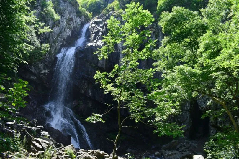 Einer der Boyana Wasserfälle in Bulgarien fällt über steiniges Gelände im Wald. 