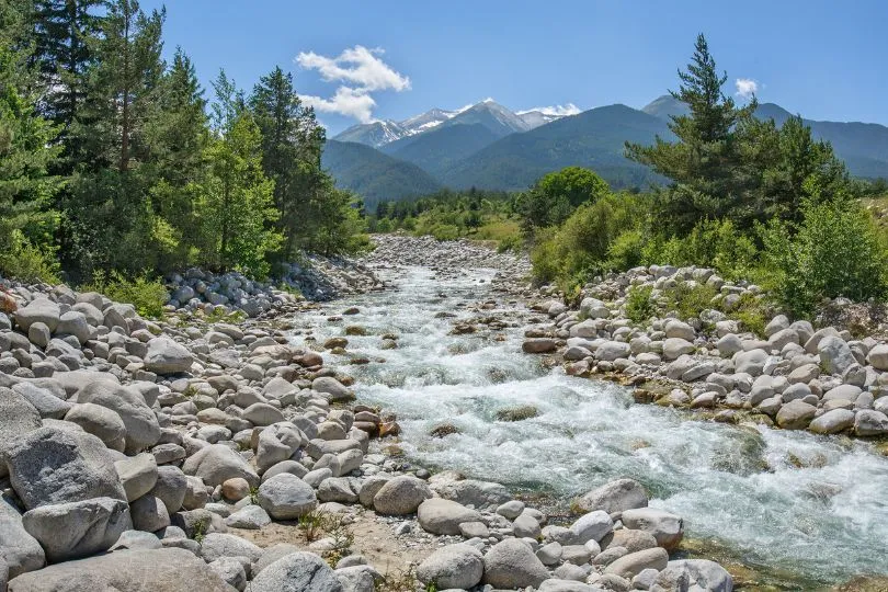 Fluss führt durch ein Tal vorbei an Felsen und Nadelbäumen. Im Hintergrund sind Berge zu sehen.