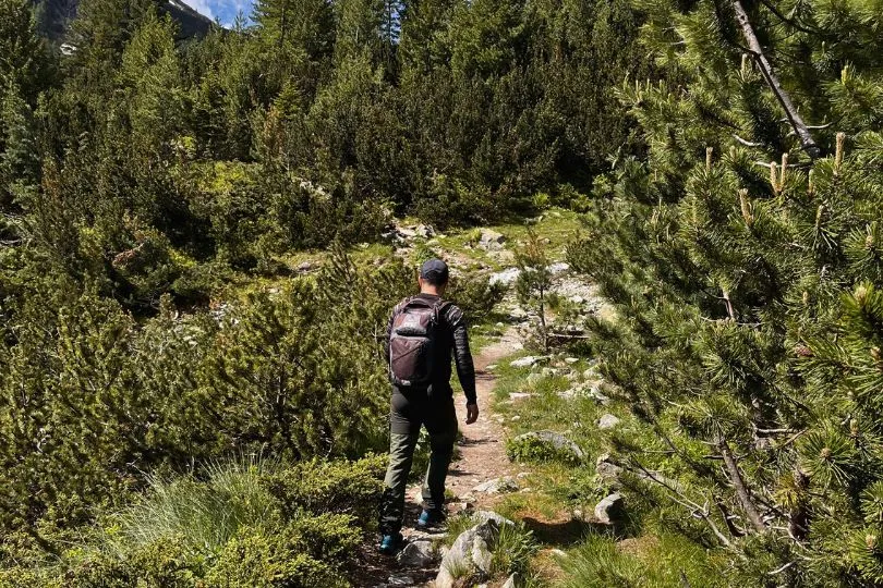 Ein Mann wandert über einen schmalen Pfad, vorbei an diverser Vegetation in den Bergen Bulgariens.