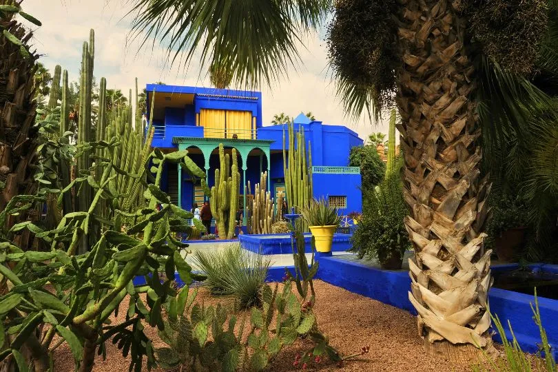 Das bekannte blaue Gebäude des Jardin Majorelle in Marokko steht hinter verschiedenen Kakteenarten.