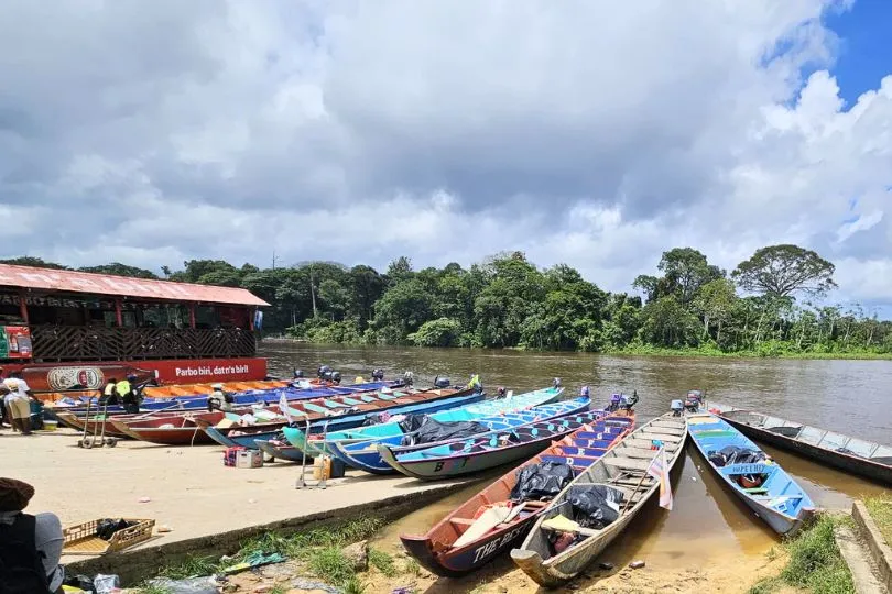 Bunte Boote stehen am Ufer einer Flusses im Dschungel von Suriname.te 