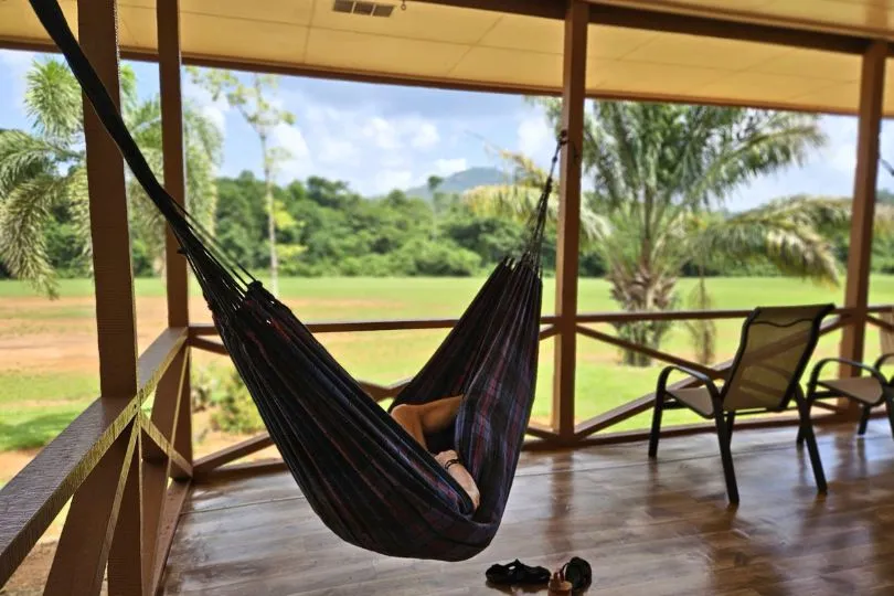 Person liegt versteckt in einer Hängematte in der Lodge in Suriname, mit Aussicht auf ein Feld und den dahinterliegenden Dschungel.
