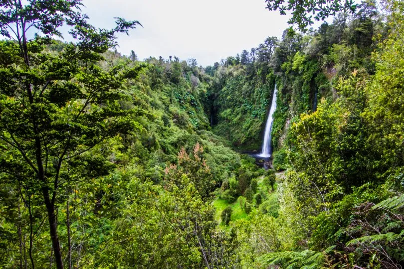 Der berühmte Tocoihue Wasserfall des Nationalparks Chiloé in Chile.