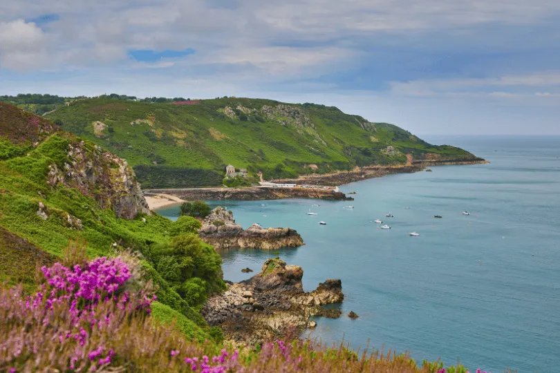 Blühende Küstenlandschaft auf Jersey mit grünen Klippen, felsigen Buchten und kleinen Booten im ruhigen Meer.