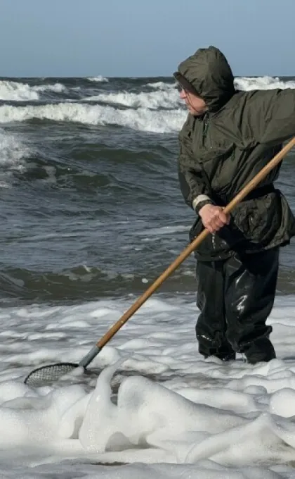 Ein Mann fängt Bernsteine mit einem Netz am Meer im Baltikum.