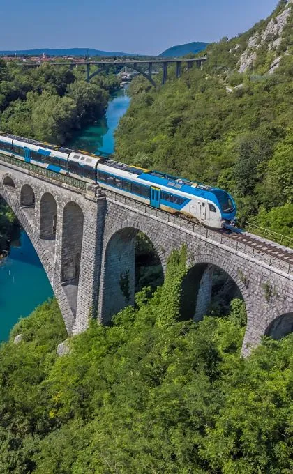 Blauer Zug auf Steinbrücke im Waldgebiet.