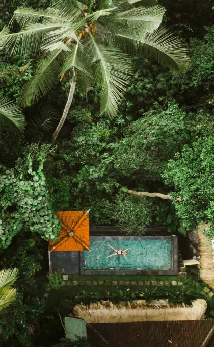 Ein Luftbild zeigt eine üppige, tropische Landschaft mit dichten grünen Palmen und Vegetation. Inmitten des Dschungels befindet sich ein kleines rechteckiges Schwimmbecken, in dem eine Person auf dem Rücken treibt.
