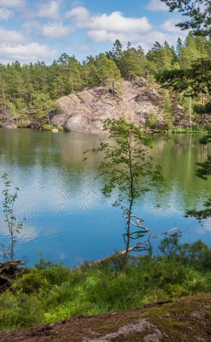 Klarer See umgeben von Felsen und Nadelbäumen in Schweden