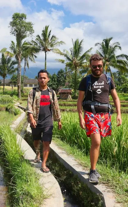 Tourist und Indonesier laufen gemeinsam durch Reisfelder mit Palmen im Hintergrund.