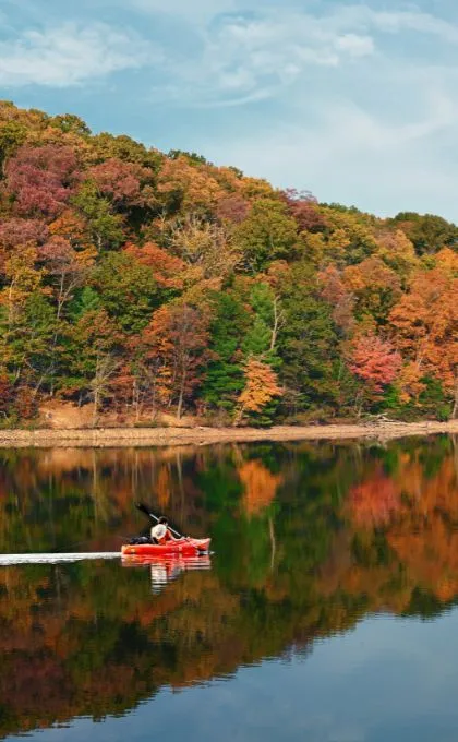 Kajakfahrer in einem See, umgeben von Wäldern in bunten Herbstfarben.