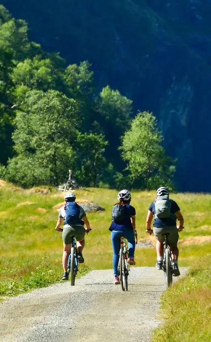 Drei Reisende fahren in Norwegen über ein Feld auf einen Berghang zu.
