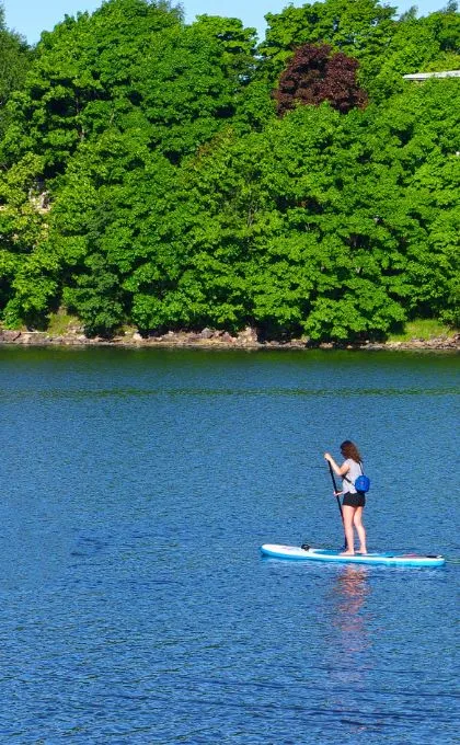 Zwei Frauen paddeln auf Stand-Up Paddles über ein Gewässer in Finnland.