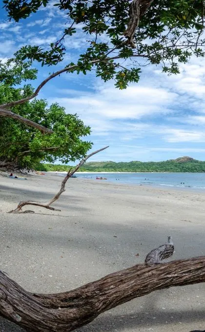 Sandstrand in Costa Rica mit grüner Vegetation und blauem Wasser. 