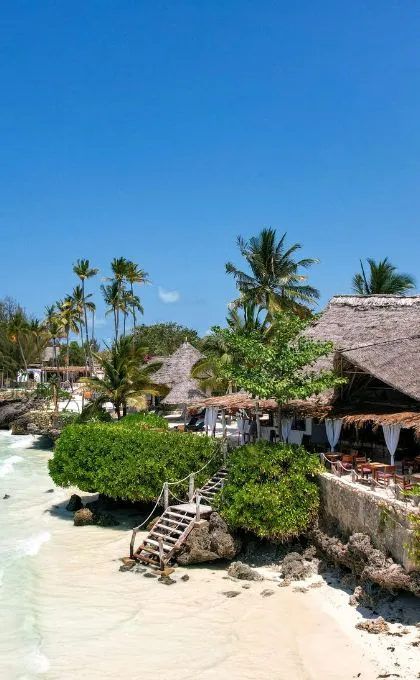 Lodge mit Stohdächern steht zwischen ein paar Palmen am Strand von Sansibar.