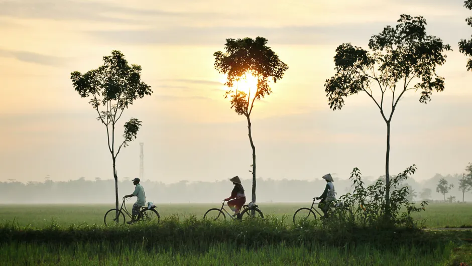 Drei Menschen auf einem Fahrrad durchqueren auf Ihrer Reise Laos