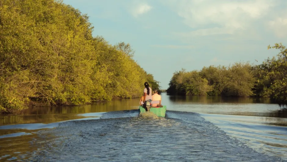 Eine Person fährt in einem kleinen Boot durch einen schmalen Wasserweg.
