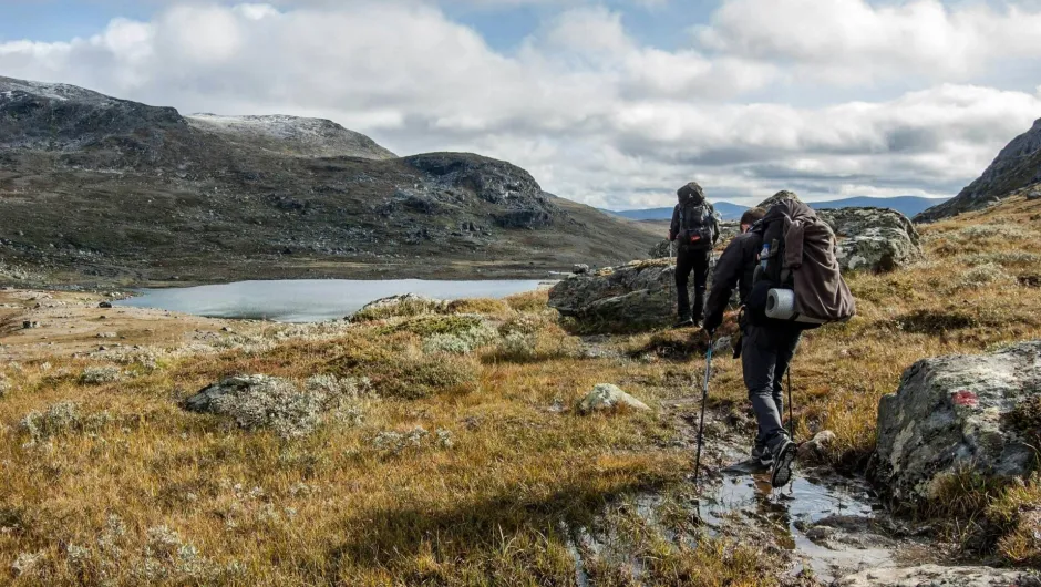 Zwei Menschen auf Trekkingtour durch ein Tal zwischen den Bergen Montenegros.