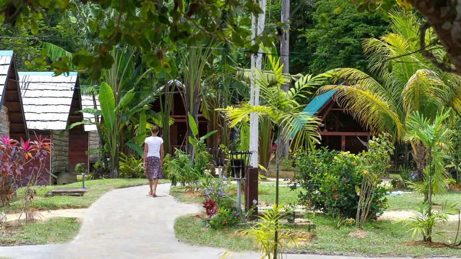 Person läuft durch eine tropische Lodge-Anlage mit Holzhäusern, Palmen und üppiger grüner Vegetation.