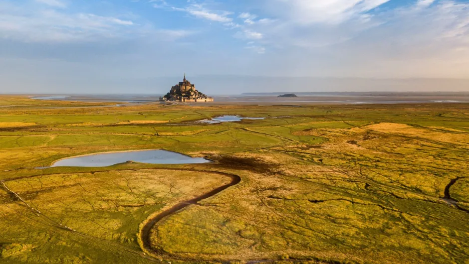Schafe grasen auf einer weiten grünen Wiese vor dem Mont Saint-Michel, der im Hintergrund unter blauem Himmel aufragt.