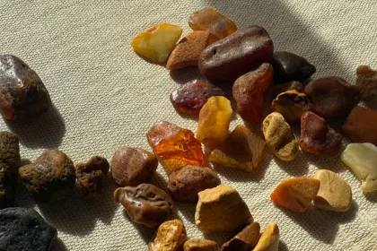 Bernsteine in verschiedenen Farben, brau, orange, dunkelbraun und weiß.