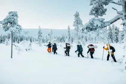 Gruppe von Menschen gehen Schneeschuhwandern.
