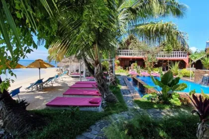 ecolodge in sainte marie mit pool und palmen, direkt neben strand.